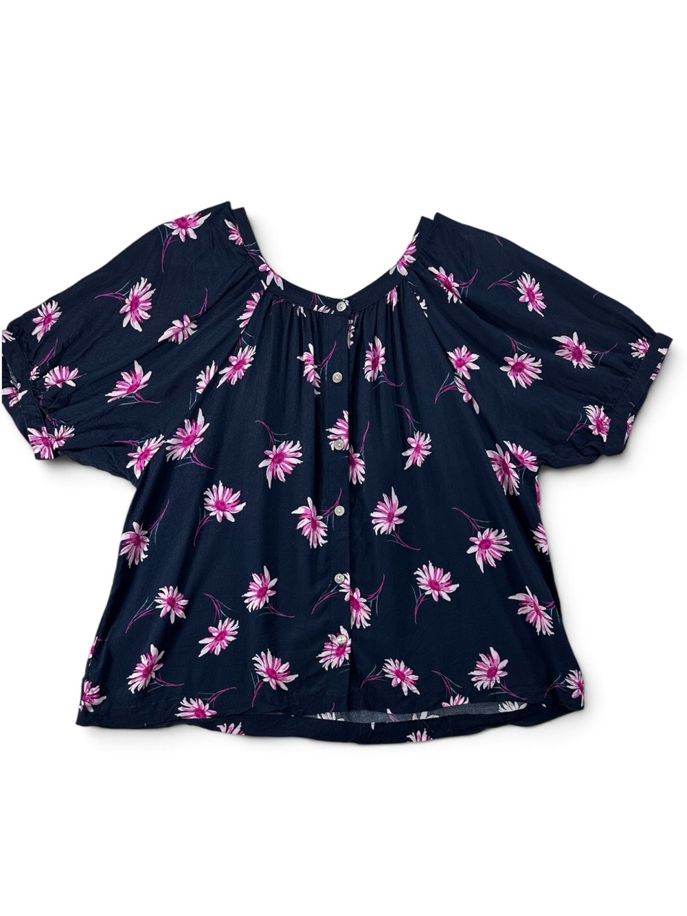 Karen Kane Women’s SP Navy Floral Button-Down Blouse with Puff Sleeves
